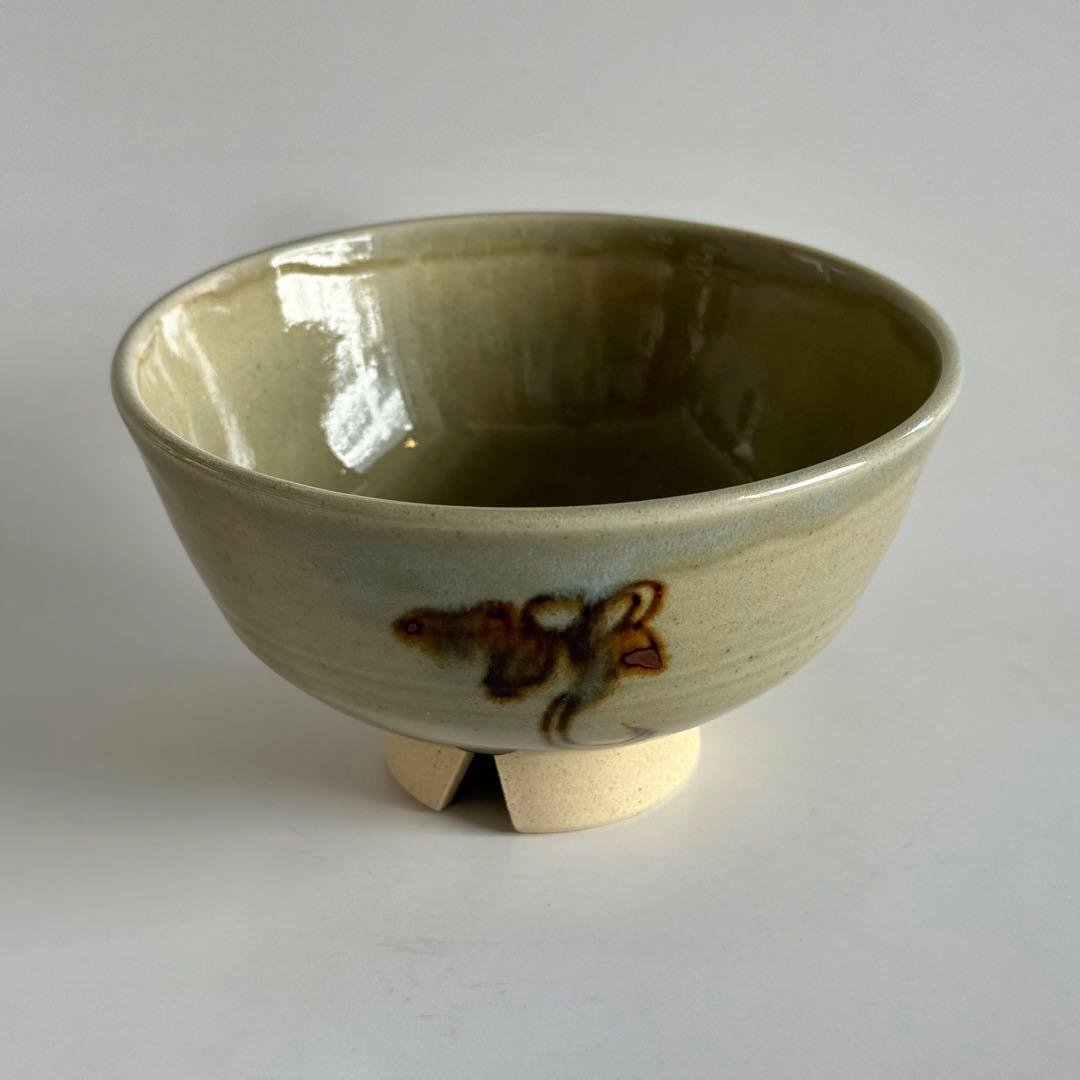 膳所焼　鉄絵花紋　抹茶茶碗　淡海ぜぜ　陽炎園造　共箱