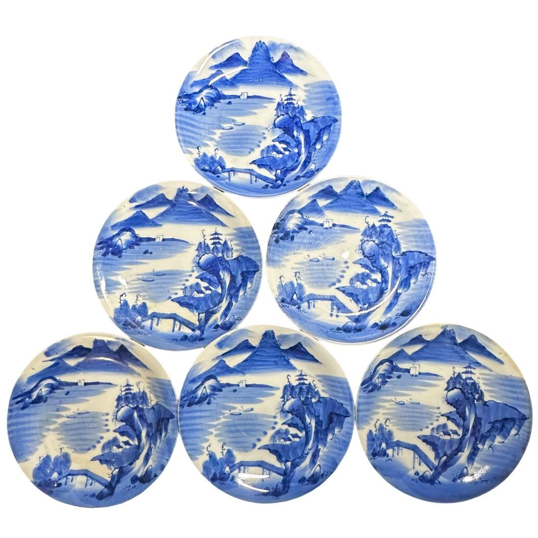 ★江戸幕末！古伊万里 染付 皿6枚/食器！船に楼閣山水図柄！直径 約16.8㎝★