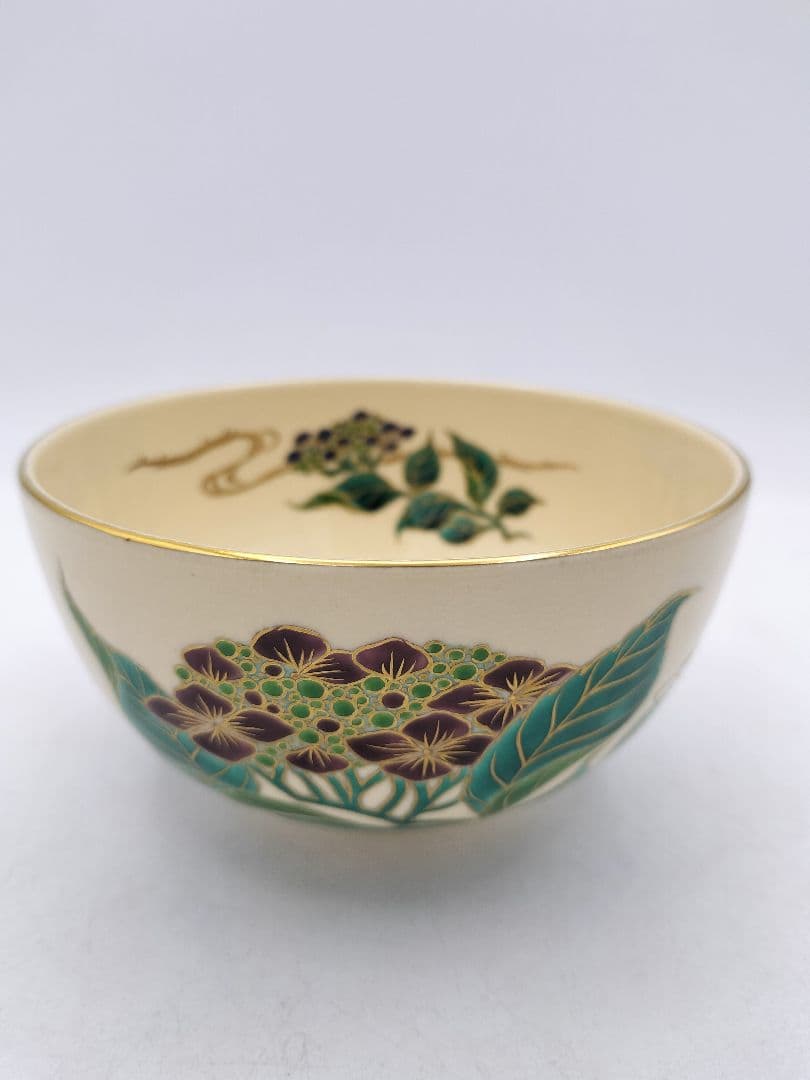 d018 茶碗 色絵 額紫陽花画 清閑寺窯 杉田祥平 木箱 茶道具 古物