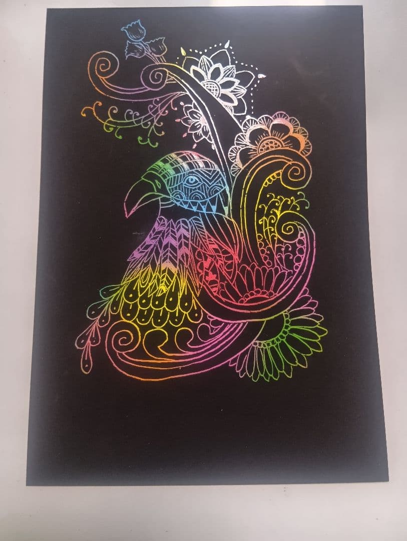 スクラッチアート 完成品 オリジナル 鳥と花 原画 一点物