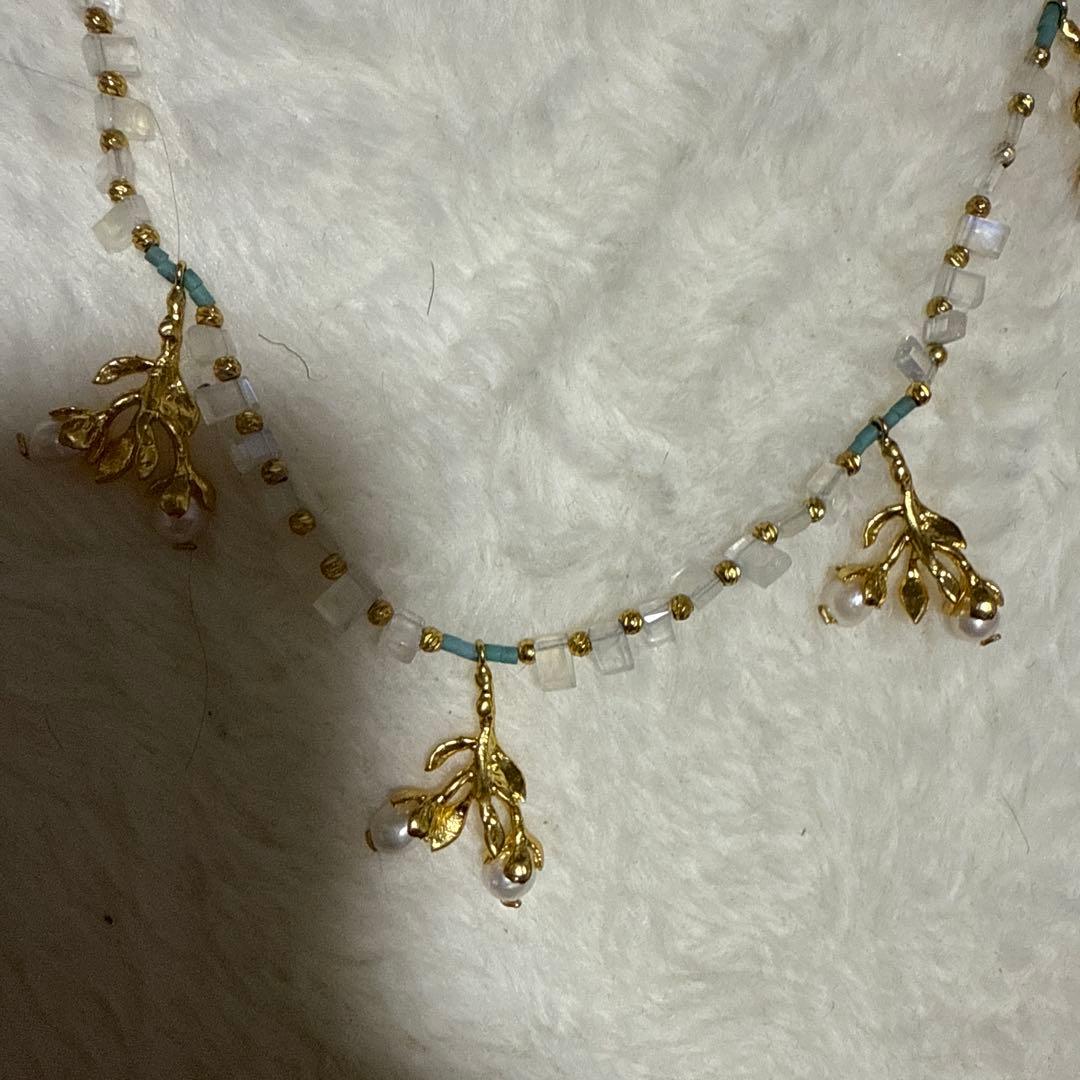 ハンドメイド ゴールド葉チャームアンクレット天然石